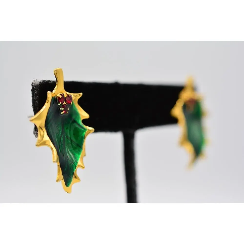 Vintage Christmas Clip On Earrings Holly Berry Green Enamel Gold Red 1980s BinAA